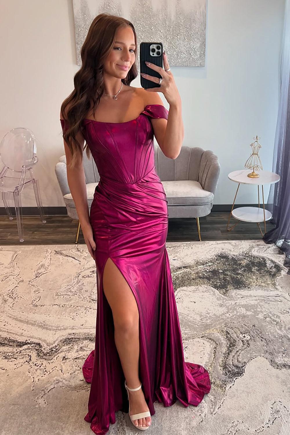 Off the Shoulder Prom Dress Ruched Corset Metallic Mermaid Formal Dress With Slit