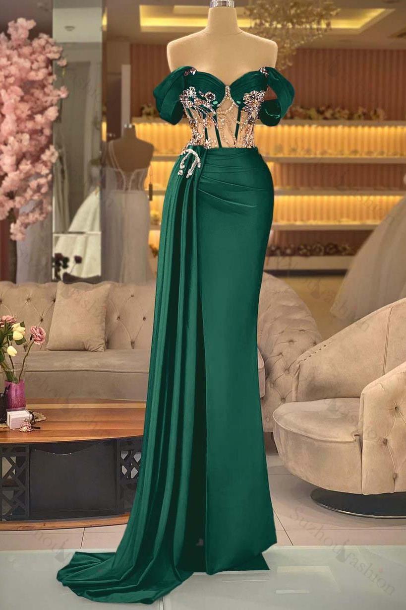 Off the Shoulder Royal Blue Prom Dress Beaded Sleeveless Evening Formal Dress With Split