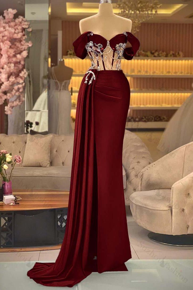 Off the Shoulder Royal Blue Prom Dress Beaded Sleeveless Evening Formal Dress With Split