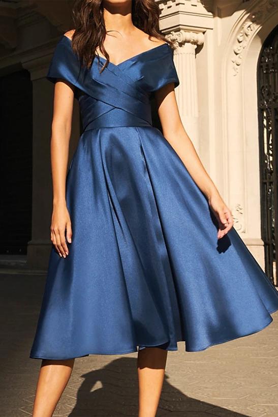 Off the Shoulder Satin Mother of the Bride Dress in A Line Style