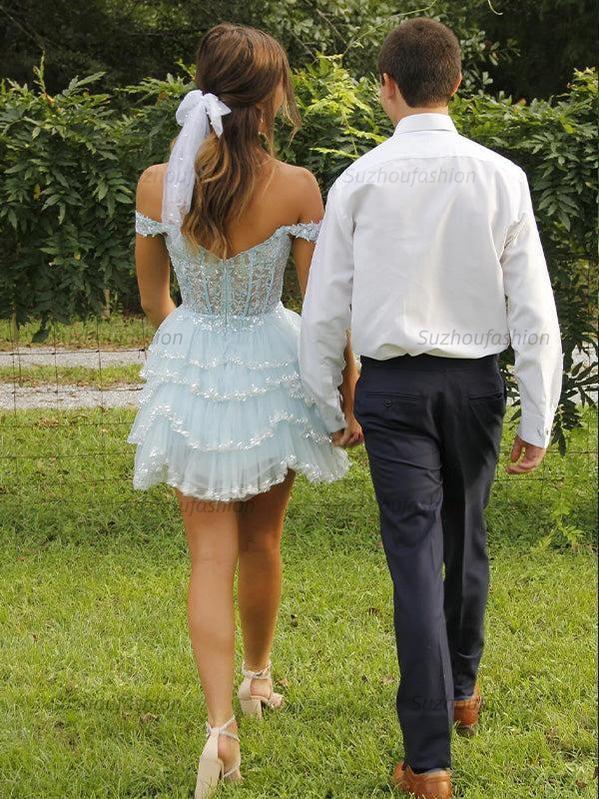 Suzhoufashion Off the Shoulder Sequin Ruffle Short Homecoming Dress