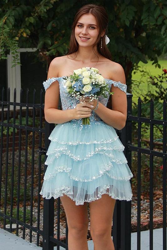 Suzhoufashion Off the Shoulder Sequin Ruffle Short Homecoming Dress