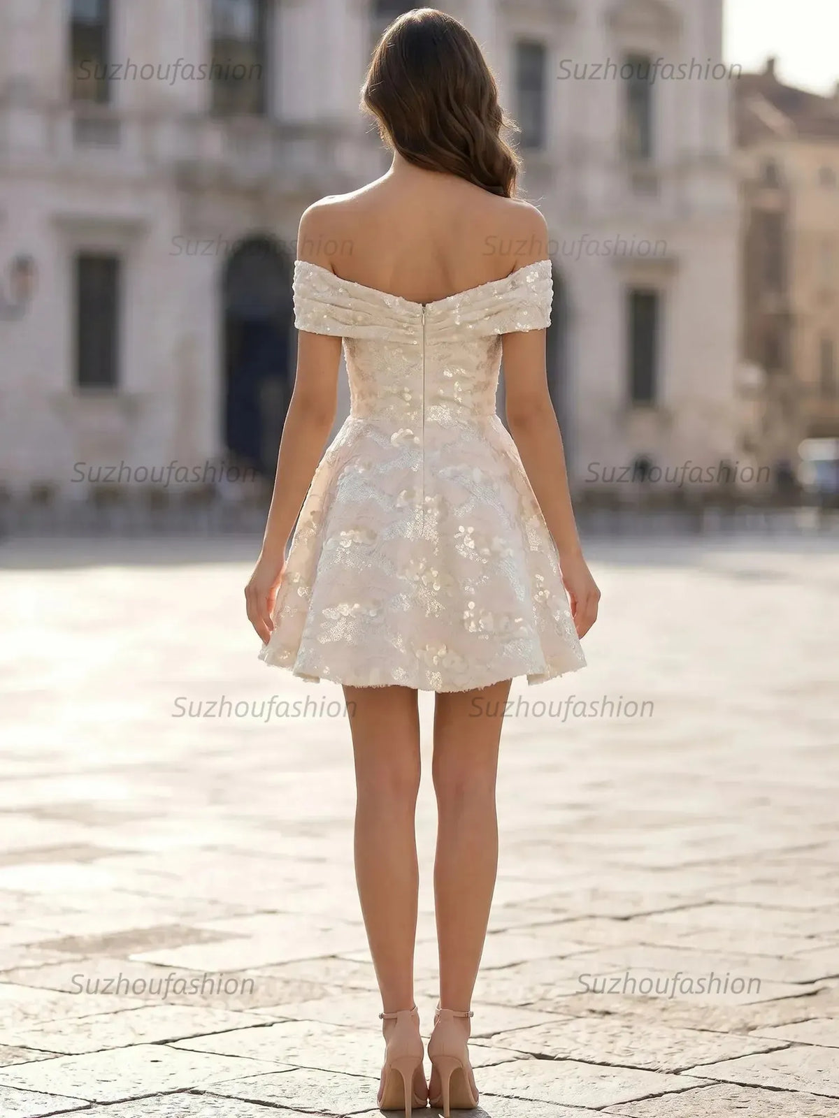 Suzhoufashion Off-the-Shoulder Sequined Mini Dress with Sweetheart Neckline Homecoming Dresses
