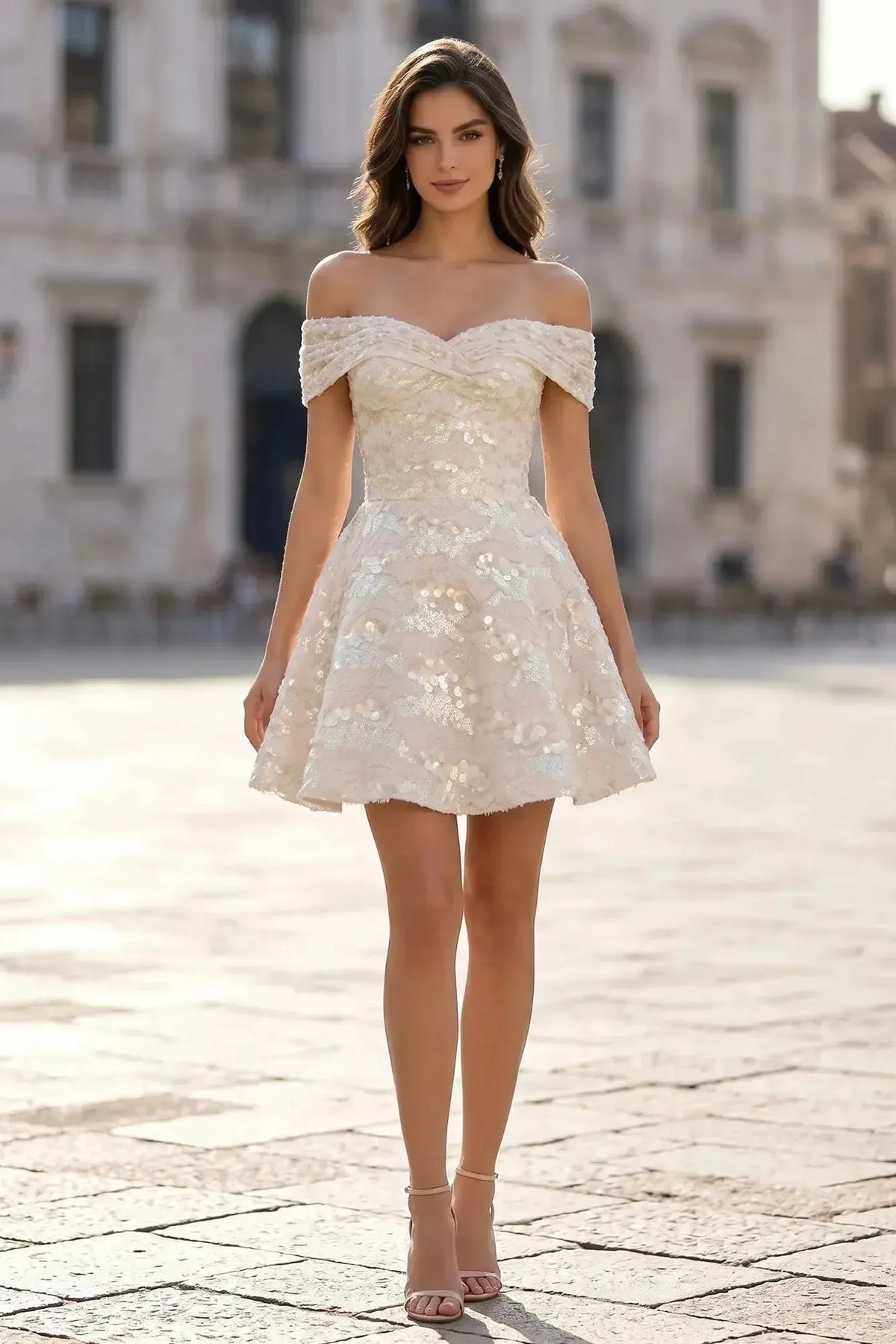 Suzhoufashion Off-the-Shoulder Sequined Mini Dress with Sweetheart Neckline Homecoming Dresses