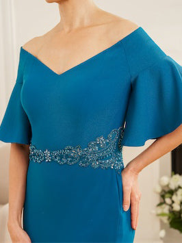 Off the Shoulder Sheath Column Dress for Mothers of the Bride & Groom with Appliques and Side Split