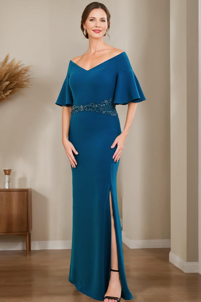 Off the Shoulder Sheath Column Dress for Mothers of the Bride & Groom with Appliques and Side Split