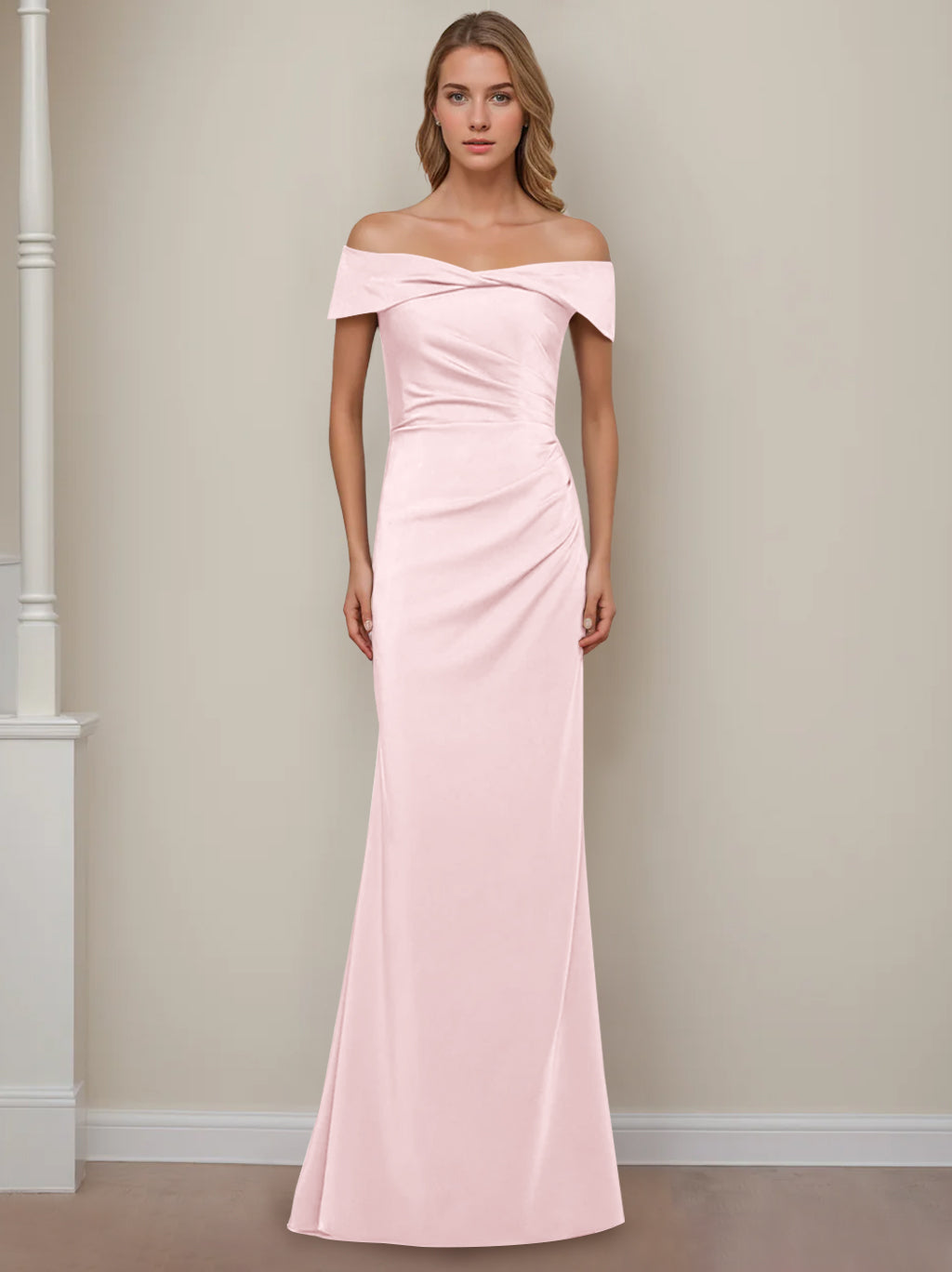 Off the Shoulder Short Sleeve Long Mother of the Bride Dress with Ruffles in Sheath Column Style