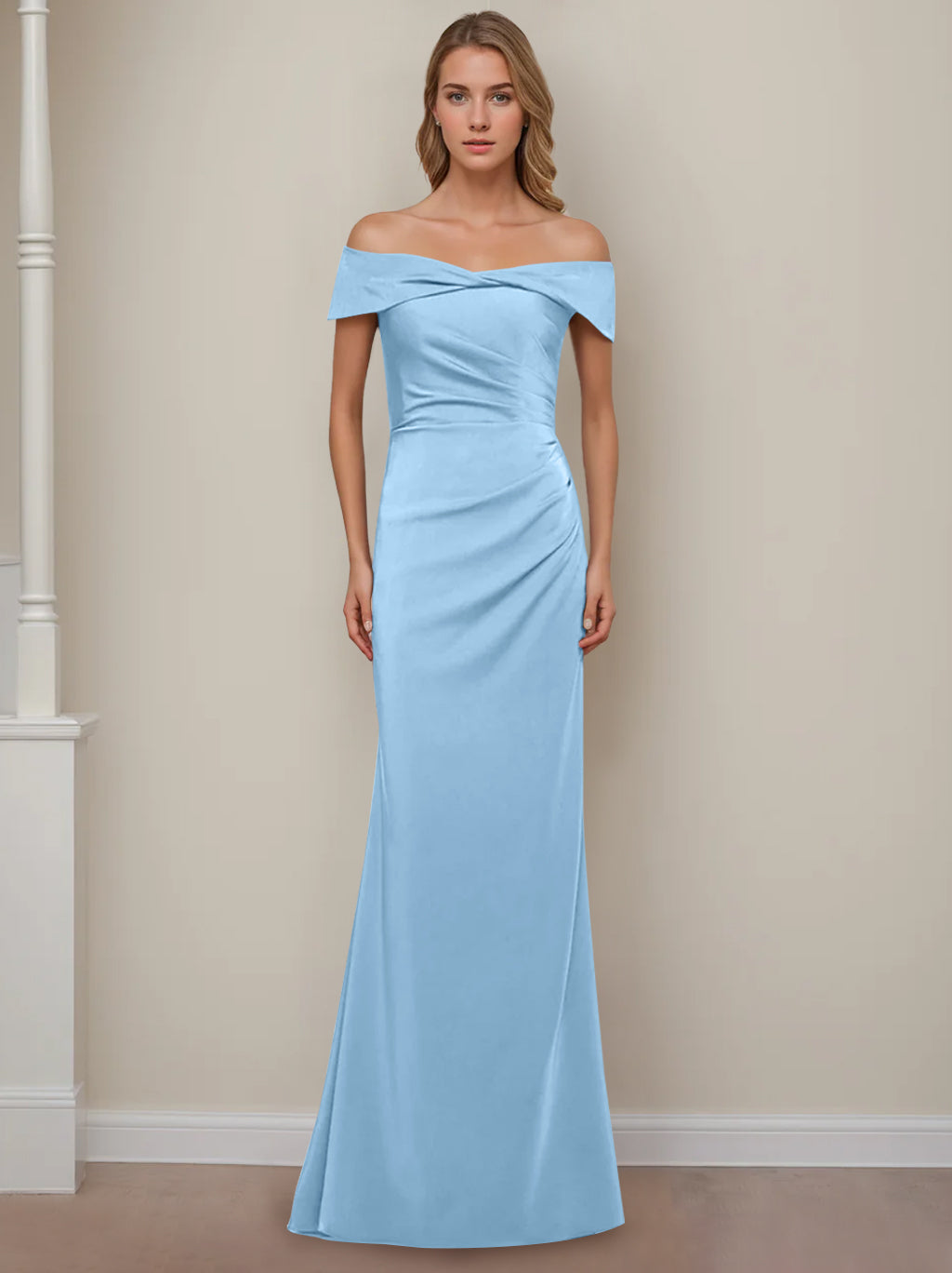 Off the Shoulder Short Sleeve Long Mother of the Bride Dress with Ruffles in Sheath Column Style