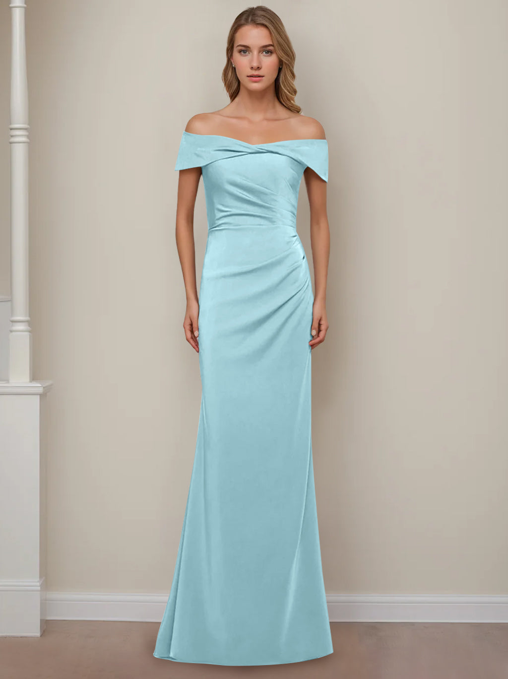 Off the Shoulder Short Sleeve Long Mother of the Bride Dress with Ruffles in Sheath Column Style