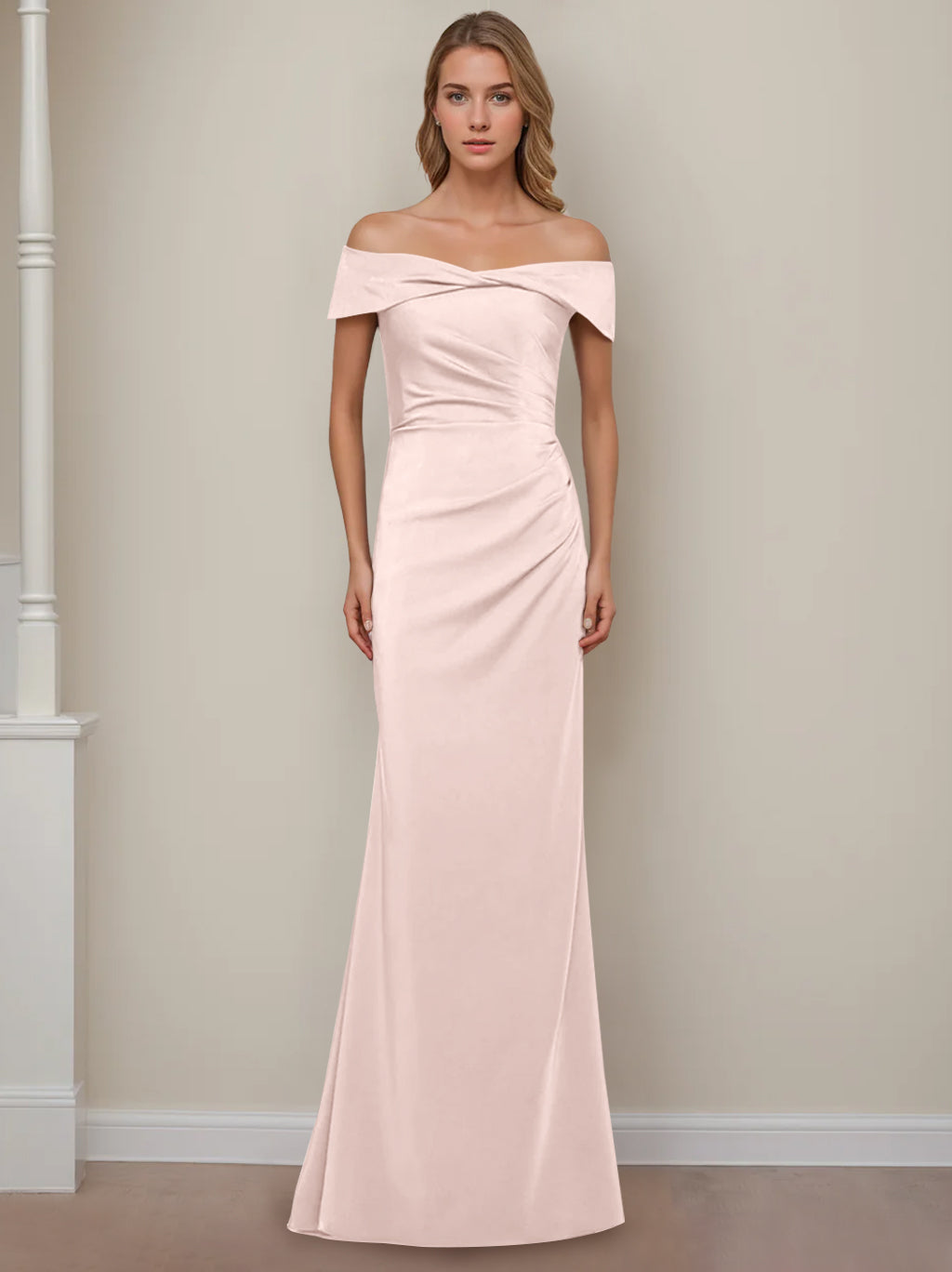 Off the Shoulder Short Sleeve Long Mother of the Bride Dress with Ruffles in Sheath Column Style