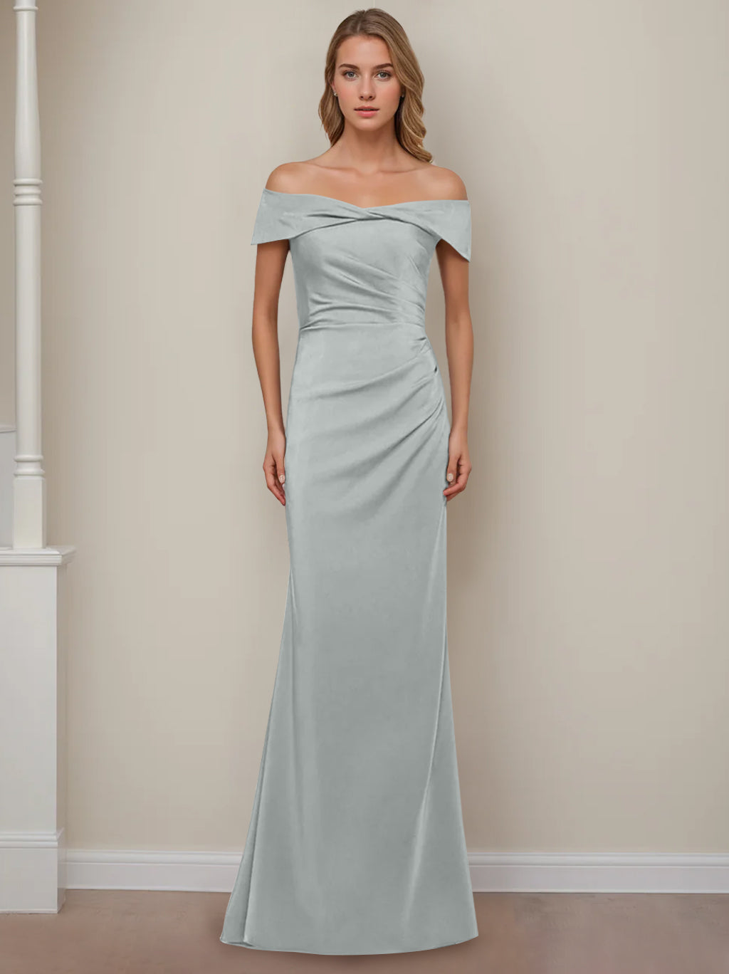 Off the Shoulder Short Sleeve Long Mother of the Bride Dress with Ruffles in Sheath Column Style