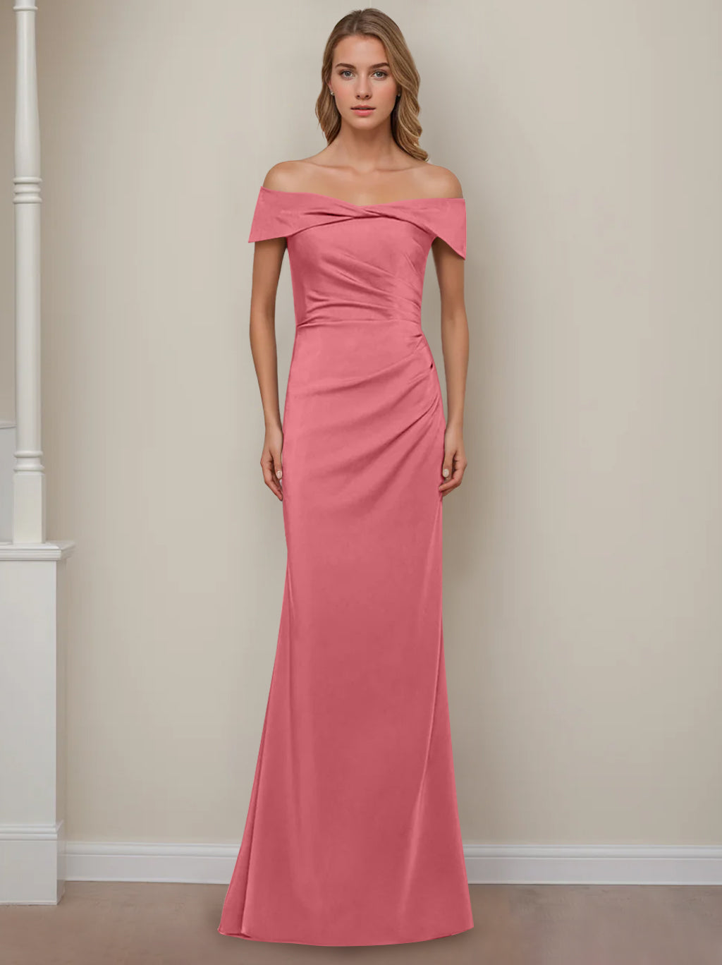 Off the Shoulder Short Sleeve Long Mother of the Bride Dress with Ruffles in Sheath Column Style