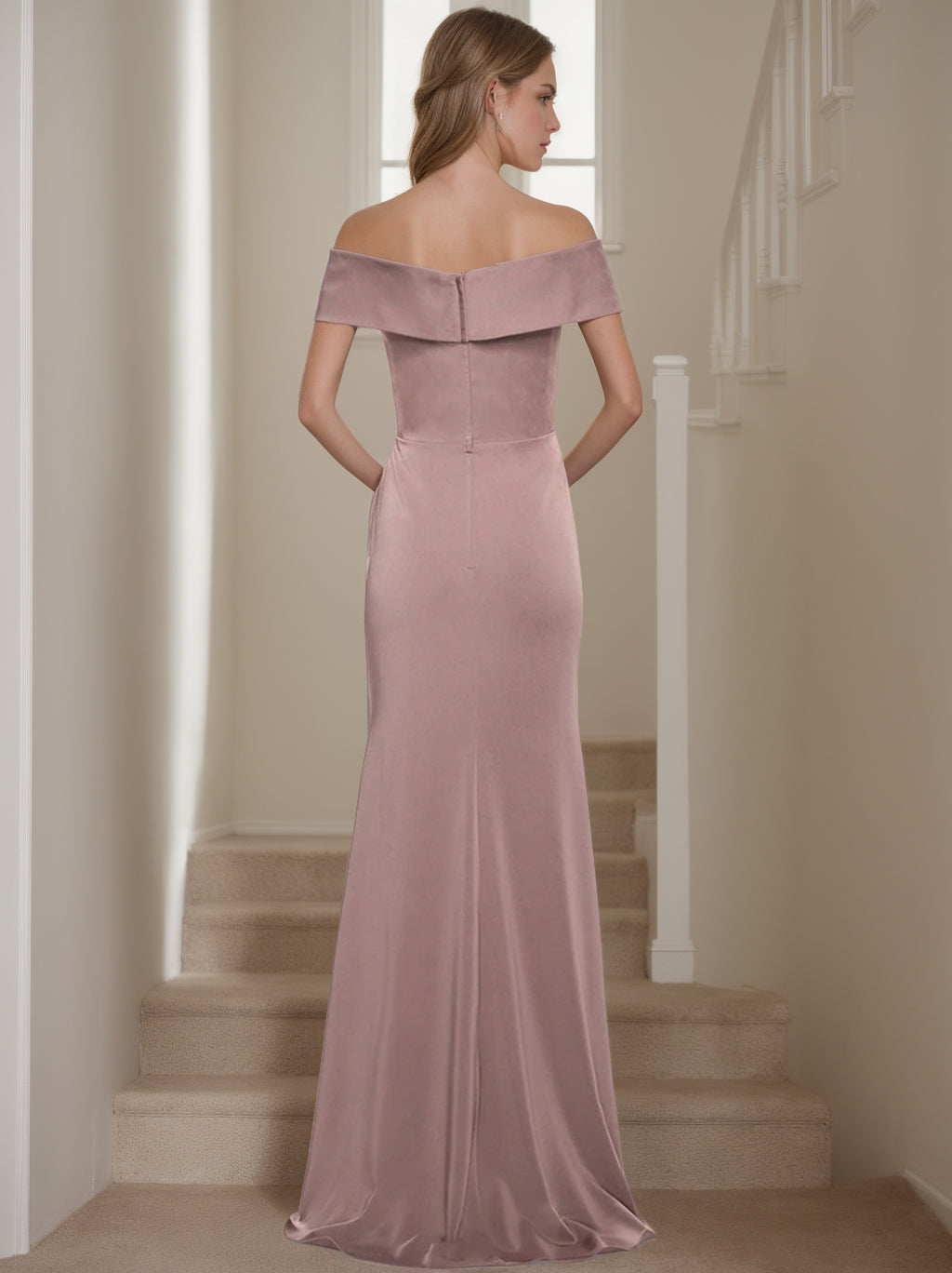 Off the Shoulder Short Sleeve Long Mother of the Bride Dress with Ruffles in Sheath Column Style