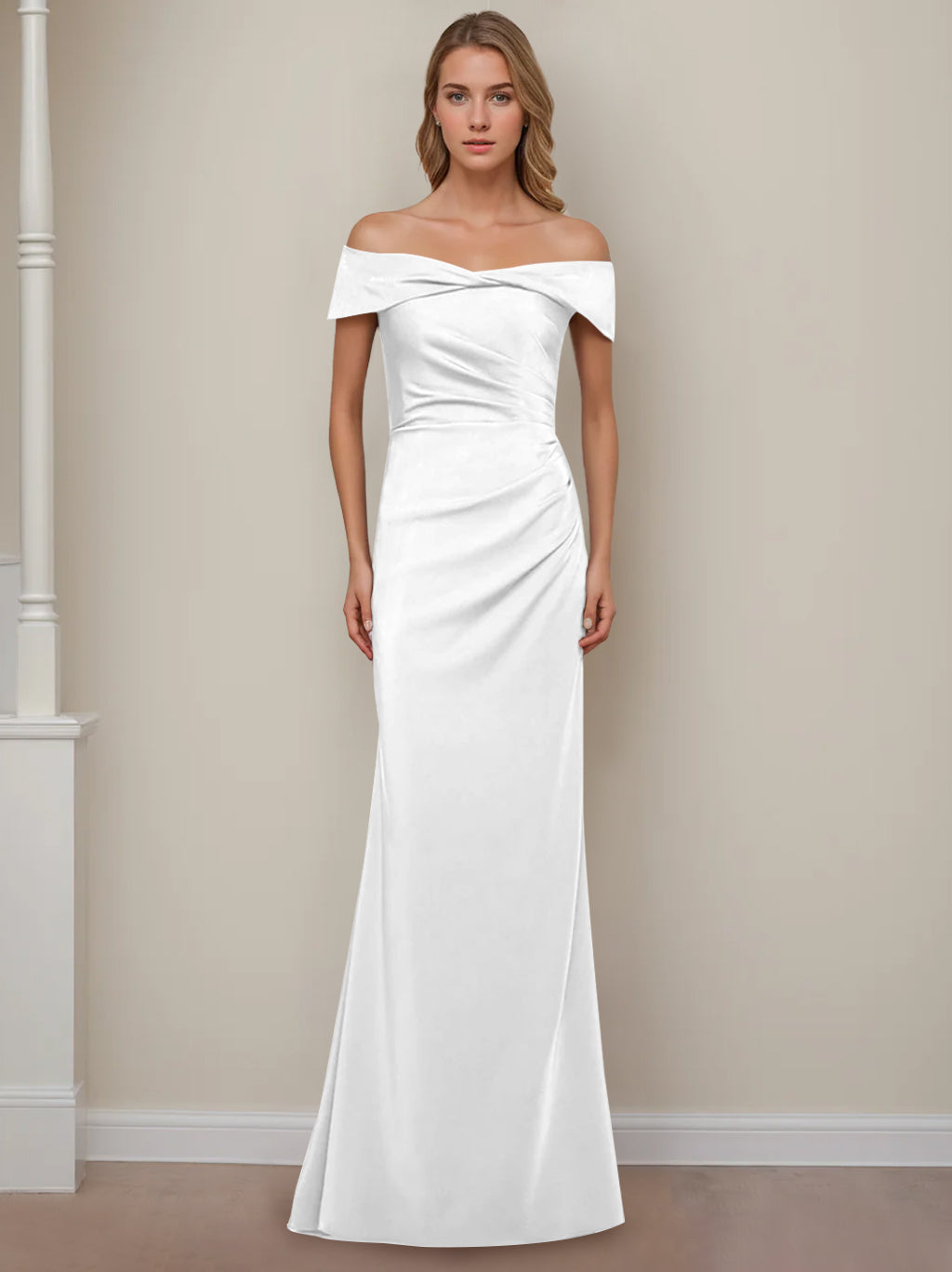 Off the Shoulder Short Sleeve Long Mother of the Bride Dress with Ruffles in Sheath Column Style