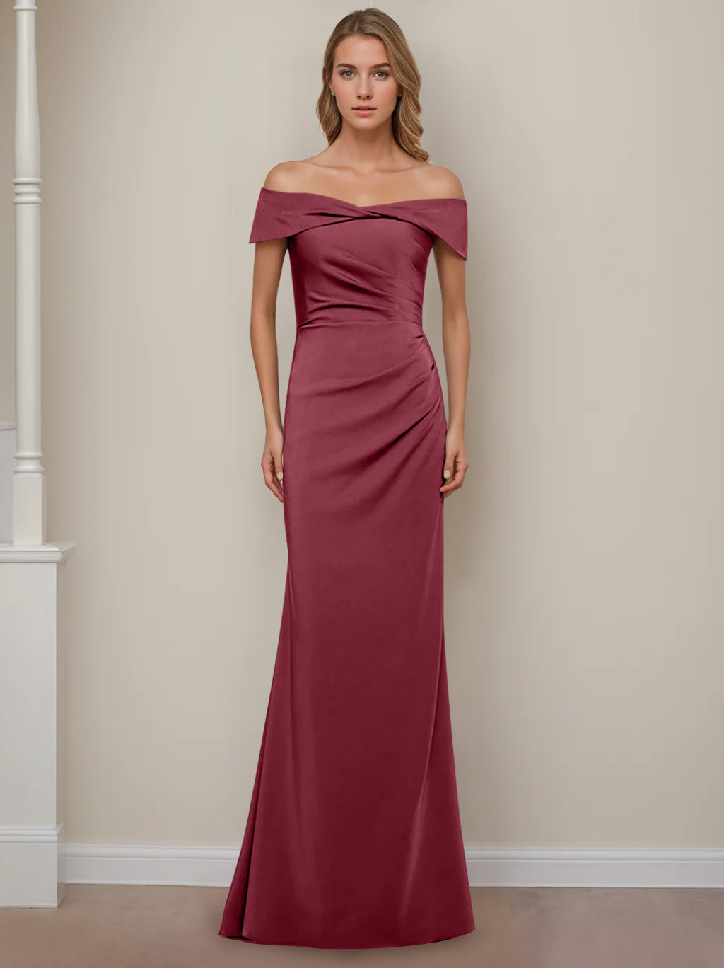 Off the Shoulder Short Sleeve Long Mother of the Bride Dress with Ruffles in Sheath Column Style