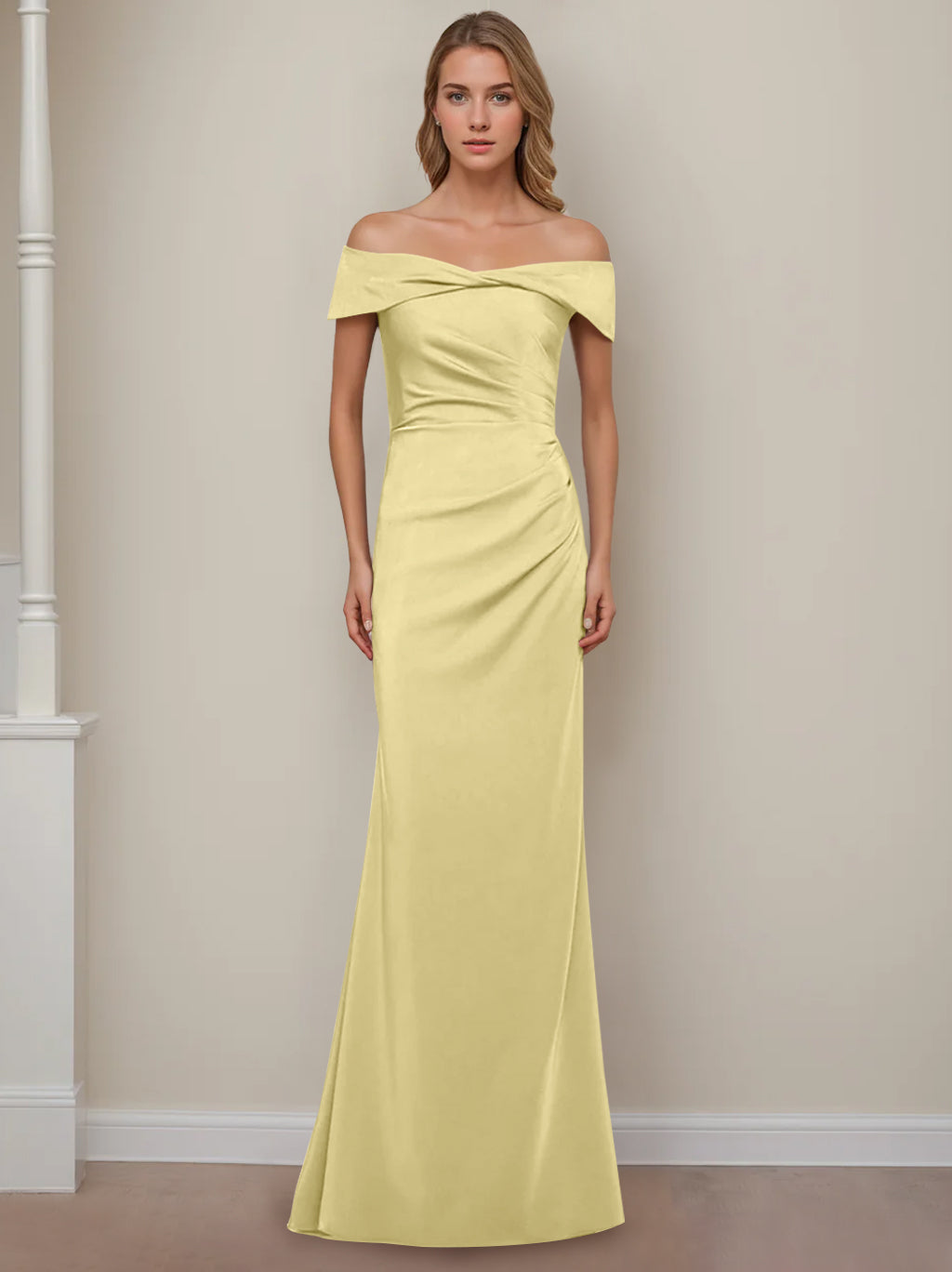 Off the Shoulder Short Sleeve Long Mother of the Bride Dress with Ruffles in Sheath Column Style