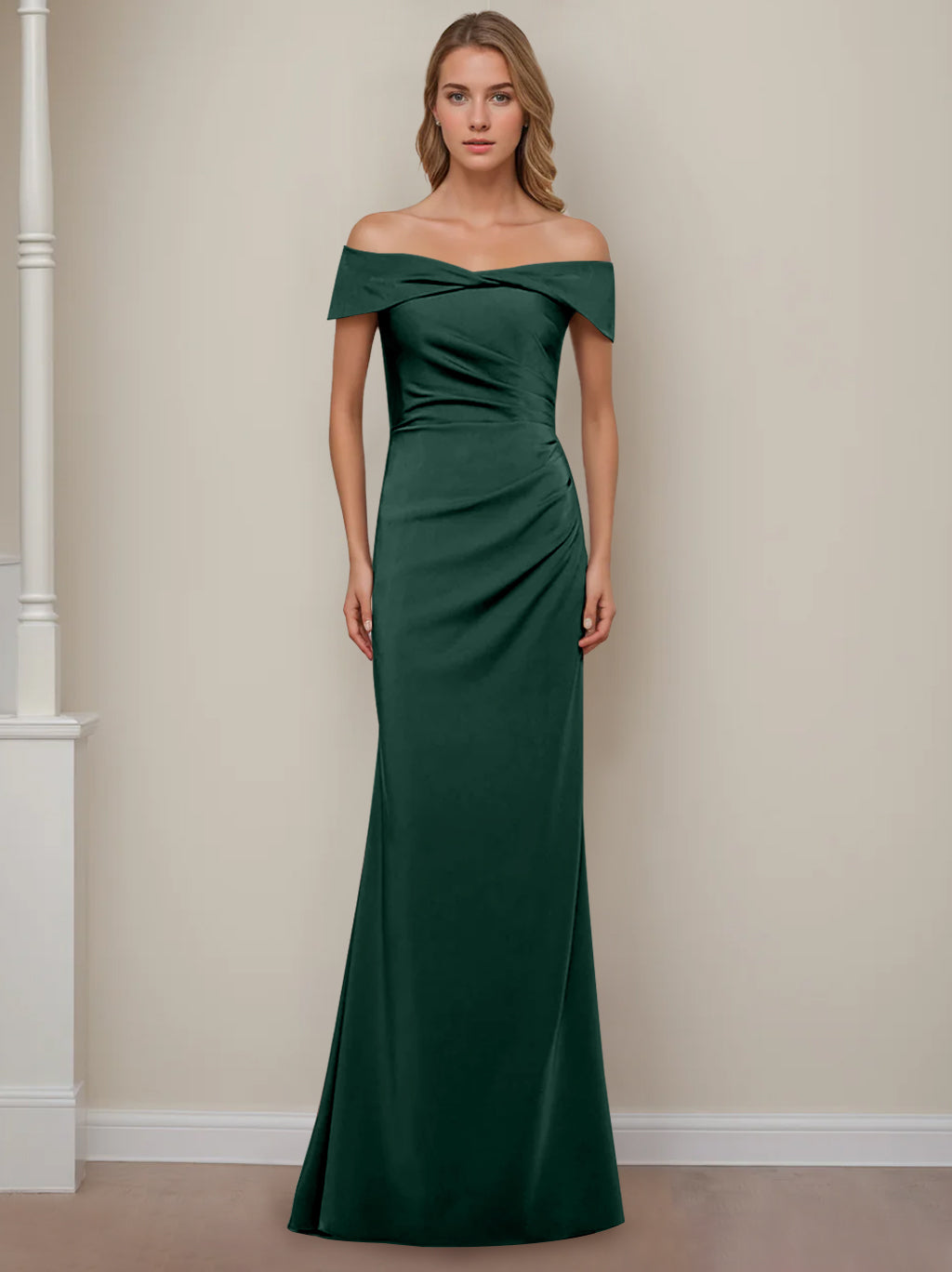 Off the Shoulder Short Sleeve Long Mother of the Bride Dress with Ruffles in Sheath Column Style