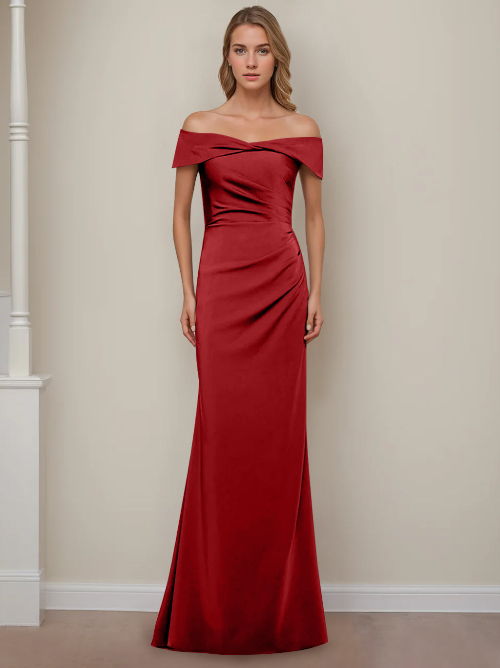 Off the Shoulder Short Sleeve Long Mother of the Bride Dress with Ruffles in Sheath Column Style