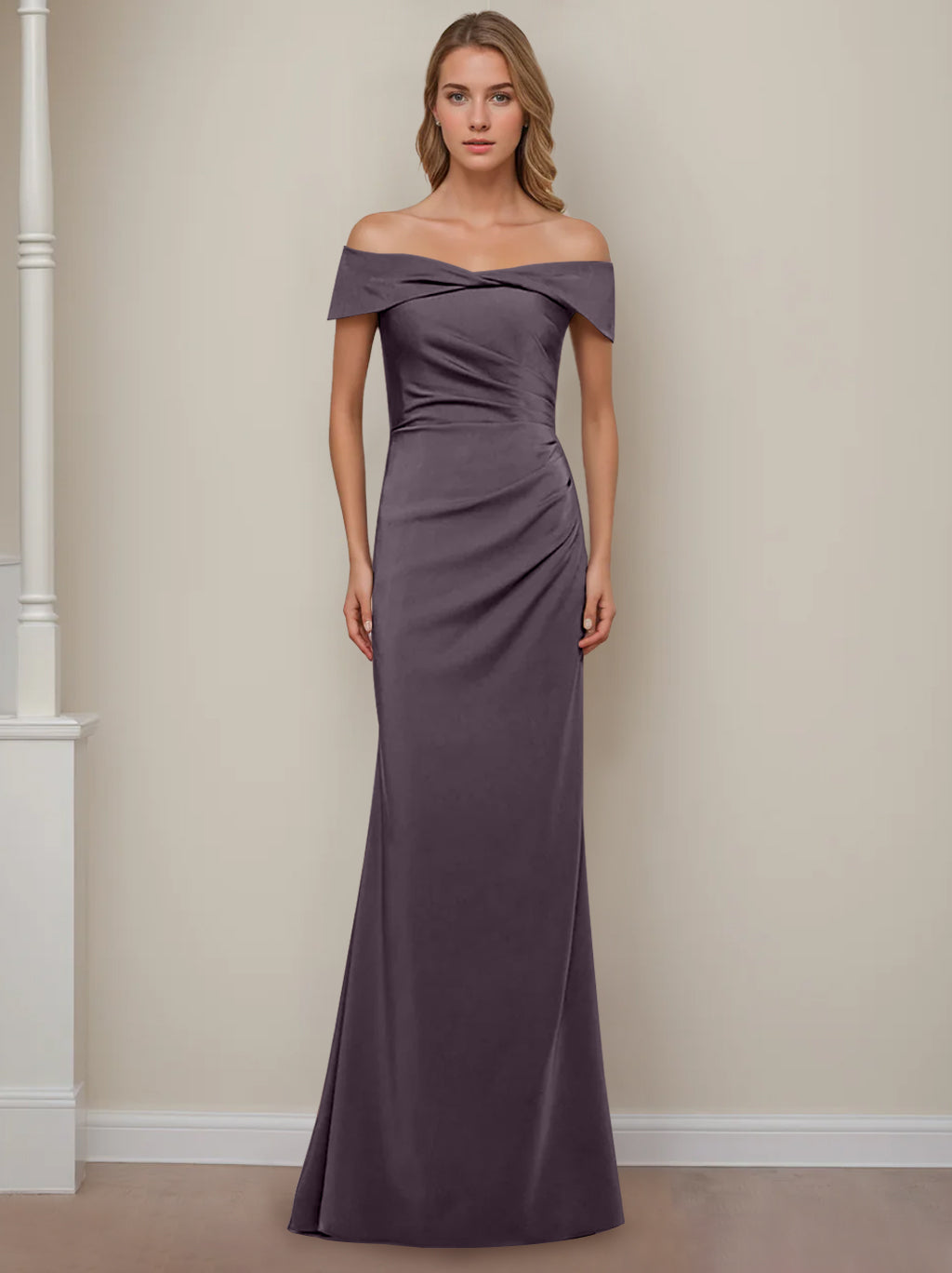 Off the Shoulder Short Sleeve Long Mother of the Bride Dress with Ruffles in Sheath Column Style