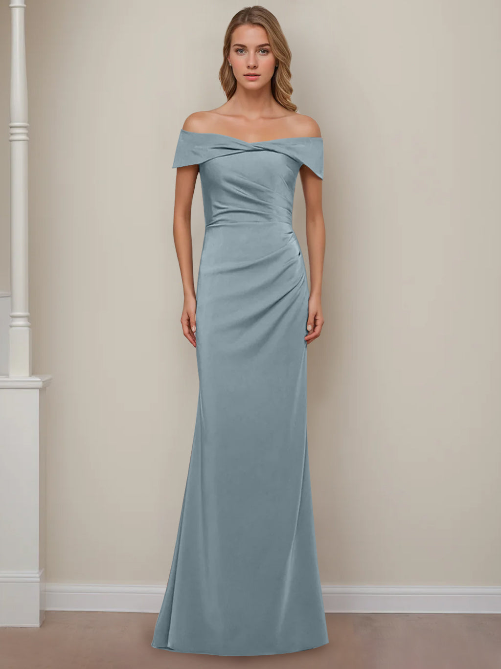 Off the Shoulder Short Sleeve Long Mother of the Bride Dress with Ruffles in Sheath Column Style