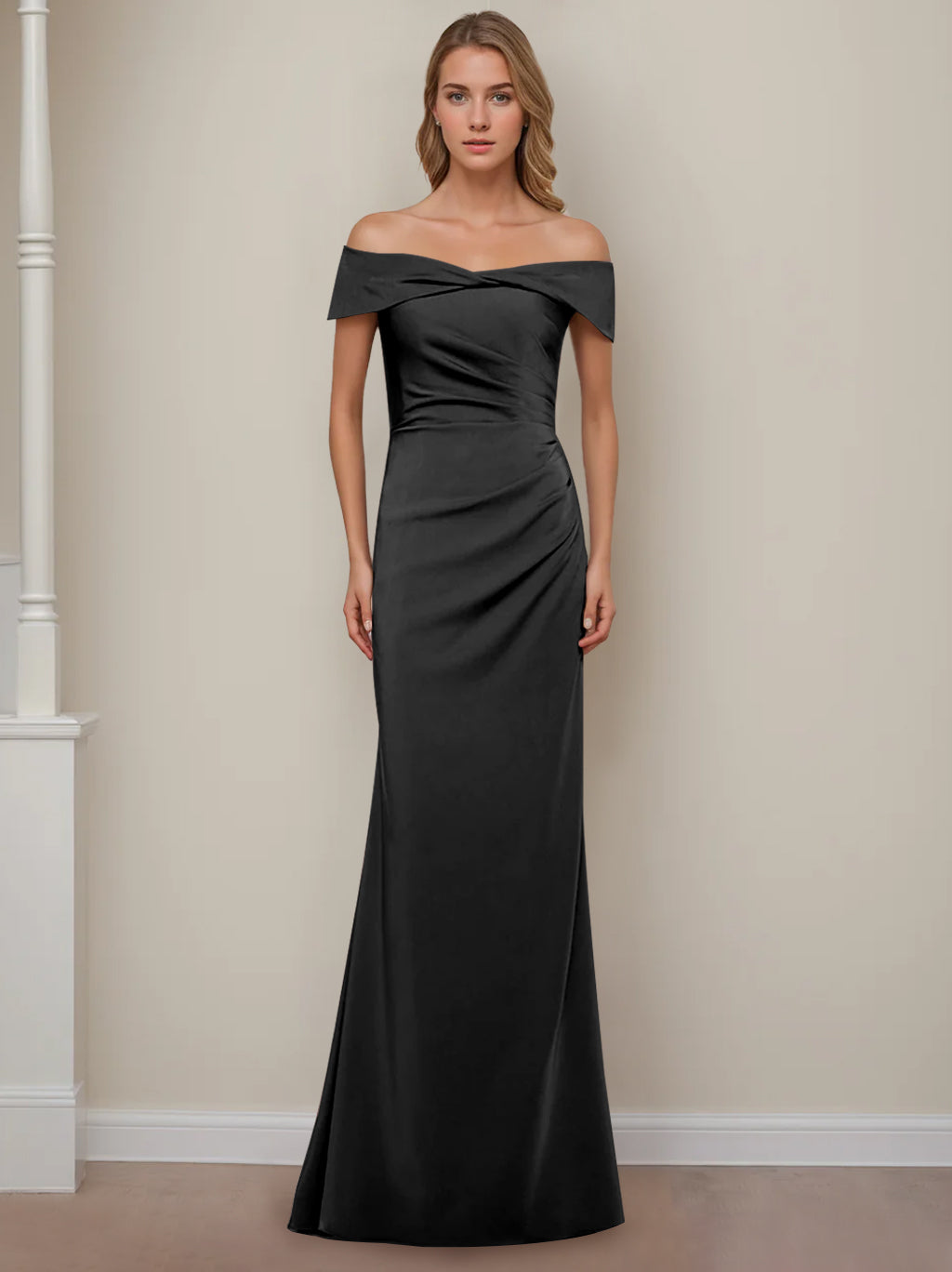 Off the Shoulder Short Sleeve Long Mother of the Bride Dress with Ruffles in Sheath Column Style
