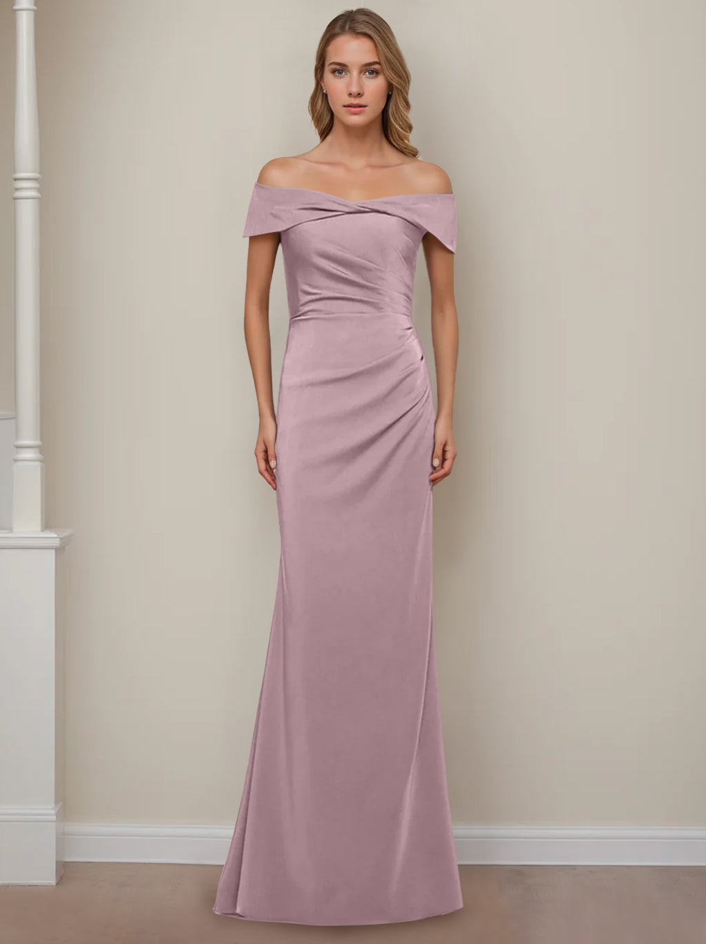 Off the Shoulder Short Sleeve Long Mother of the Bride Dress with Ruffles in Sheath Column Style
