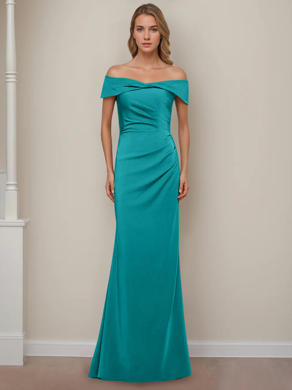 Off the Shoulder Short Sleeve Long Mother of the Bride Dress with Ruffles in Sheath Column Style