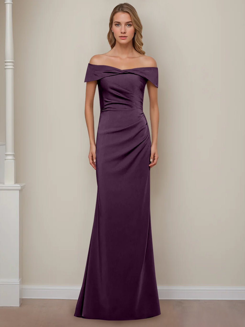 Off the Shoulder Short Sleeve Long Mother of the Bride Dress with Ruffles in Sheath Column Style