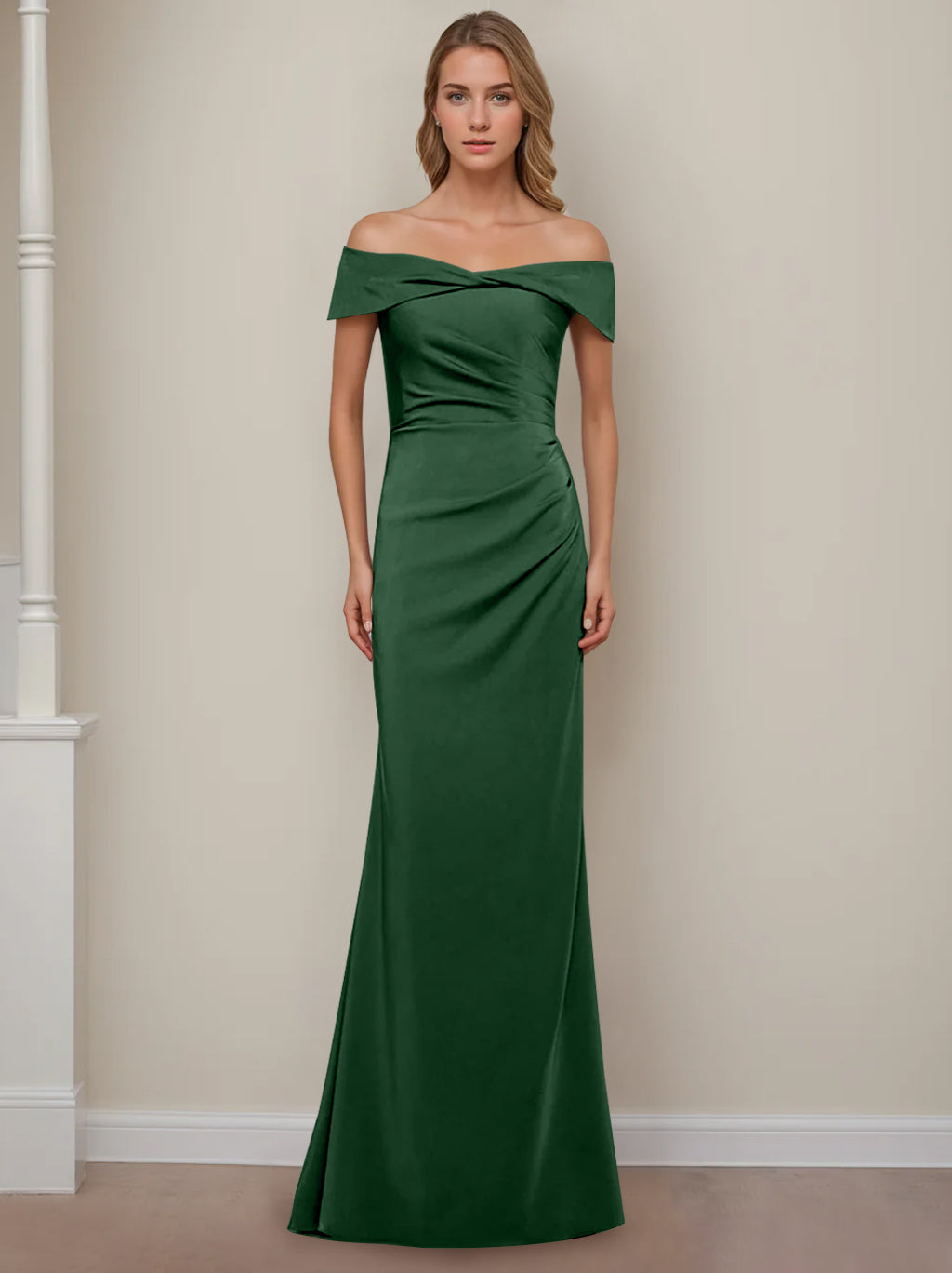 Off the Shoulder Short Sleeve Long Mother of the Bride Dress with Ruffles in Sheath Column Style