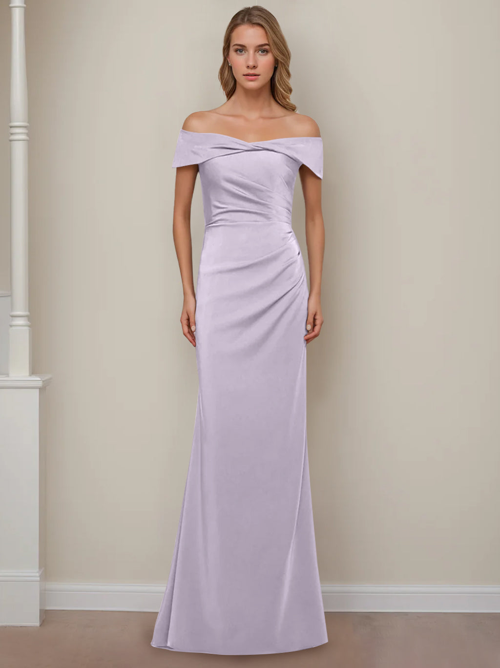 Off the Shoulder Short Sleeve Long Mother of the Bride Dress with Ruffles in Sheath Column Style