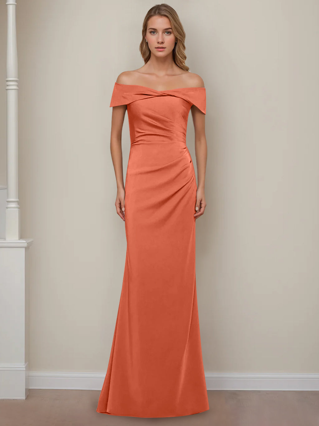 Off the Shoulder Short Sleeve Long Mother of the Bride Dress with Ruffles in Sheath Column Style