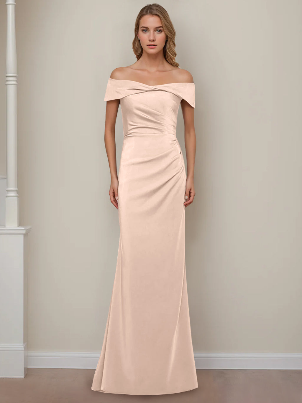 Off the Shoulder Short Sleeve Long Mother of the Bride Dress with Ruffles in Sheath Column Style