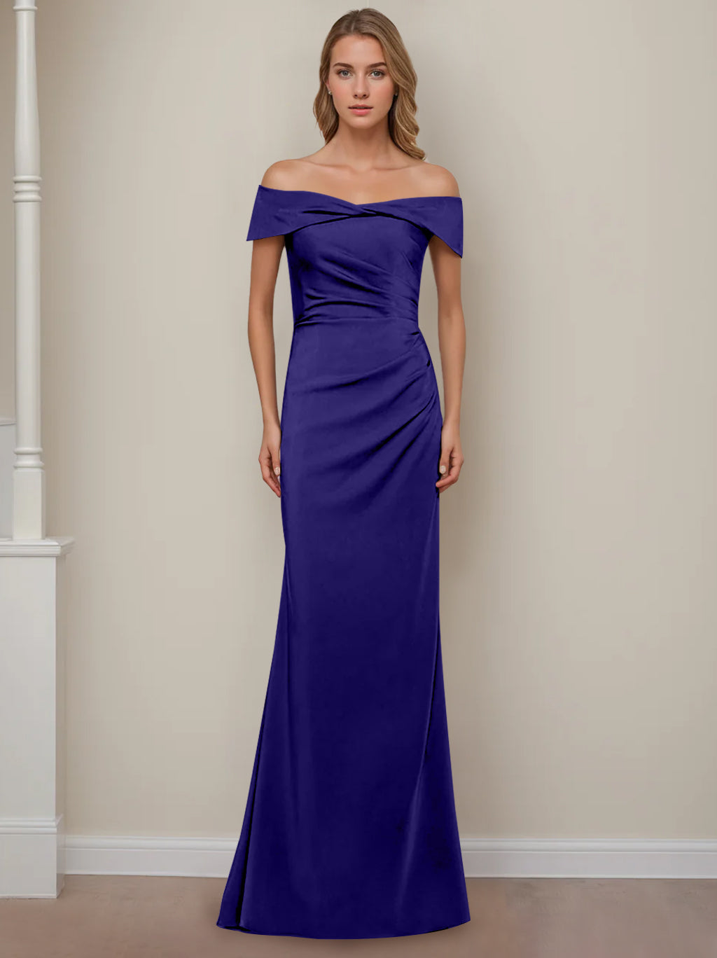 Off the Shoulder Short Sleeve Long Mother of the Bride Dress with Ruffles in Sheath Column Style
