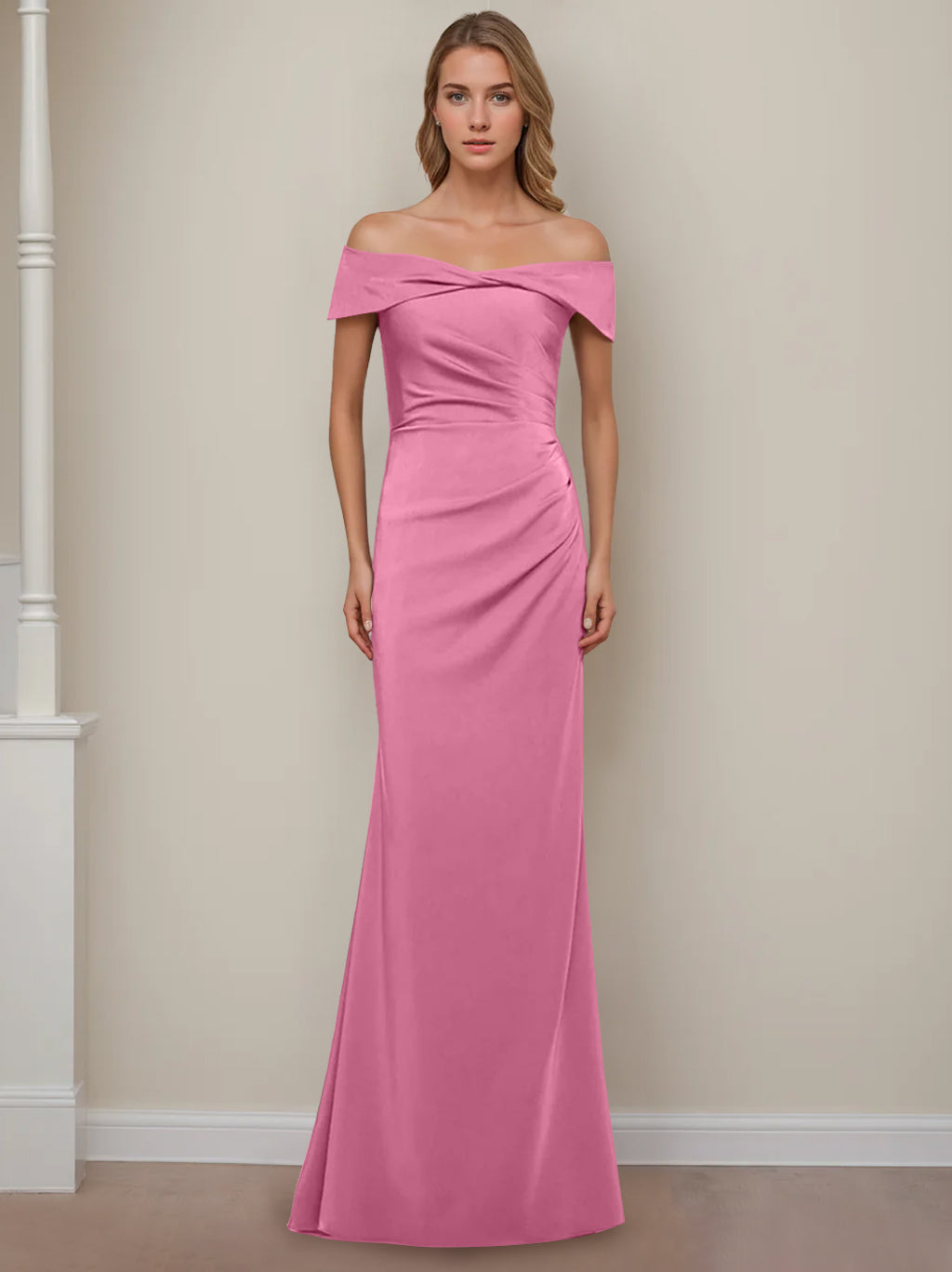 Off the Shoulder Short Sleeve Long Mother of the Bride Dress with Ruffles in Sheath Column Style