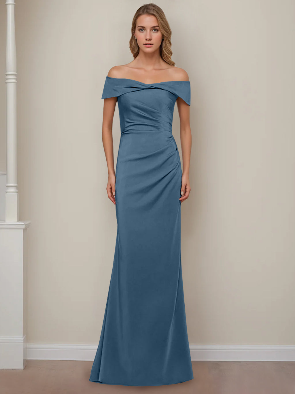 Off the Shoulder Short Sleeve Long Mother of the Bride Dress with Ruffles in Sheath Column Style
