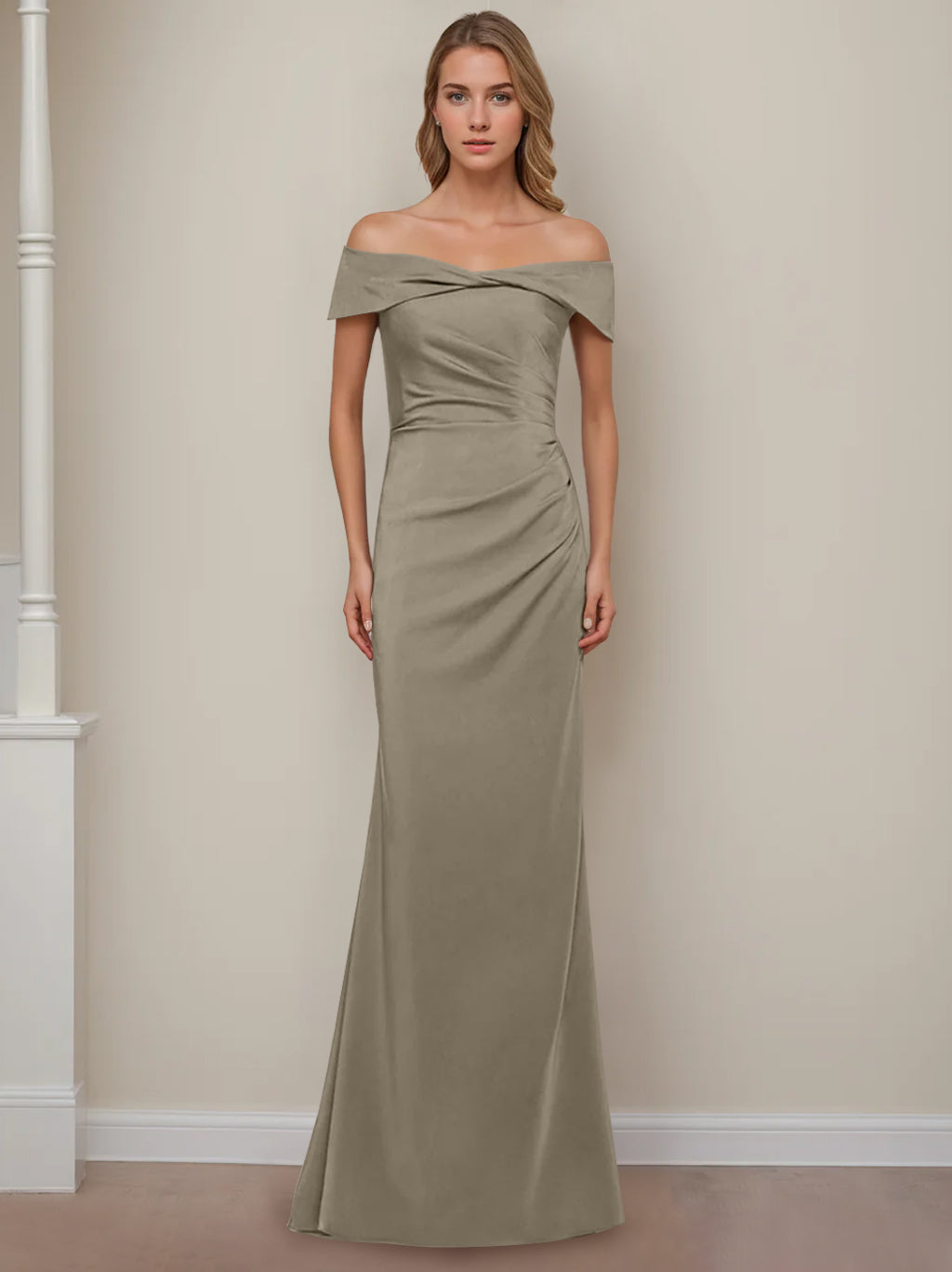 Off the Shoulder Short Sleeve Long Mother of the Bride Dress with Ruffles in Sheath Column Style