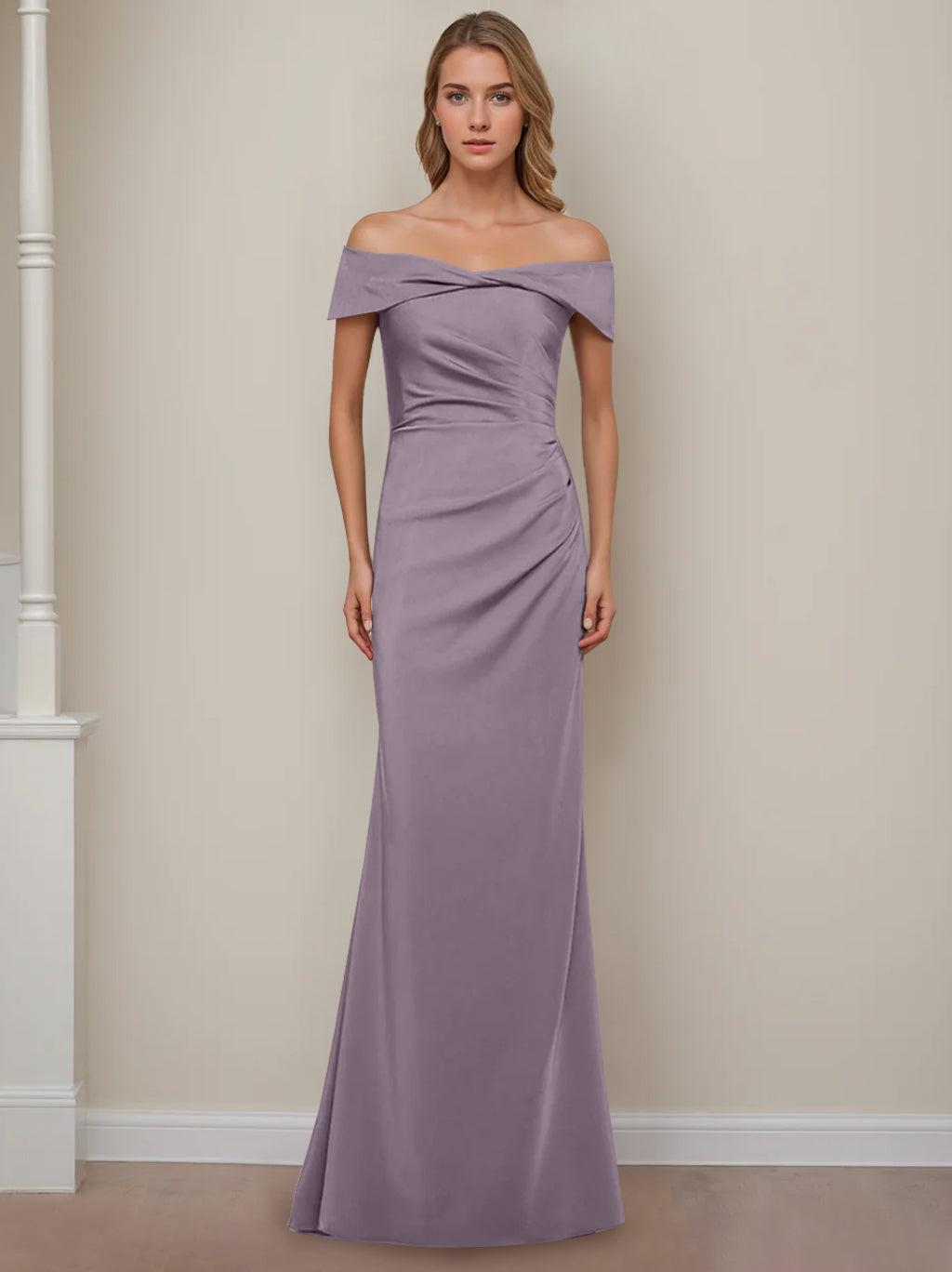 Off the Shoulder Short Sleeve Long Mother of the Bride Dress with Ruffles in Sheath Column Style