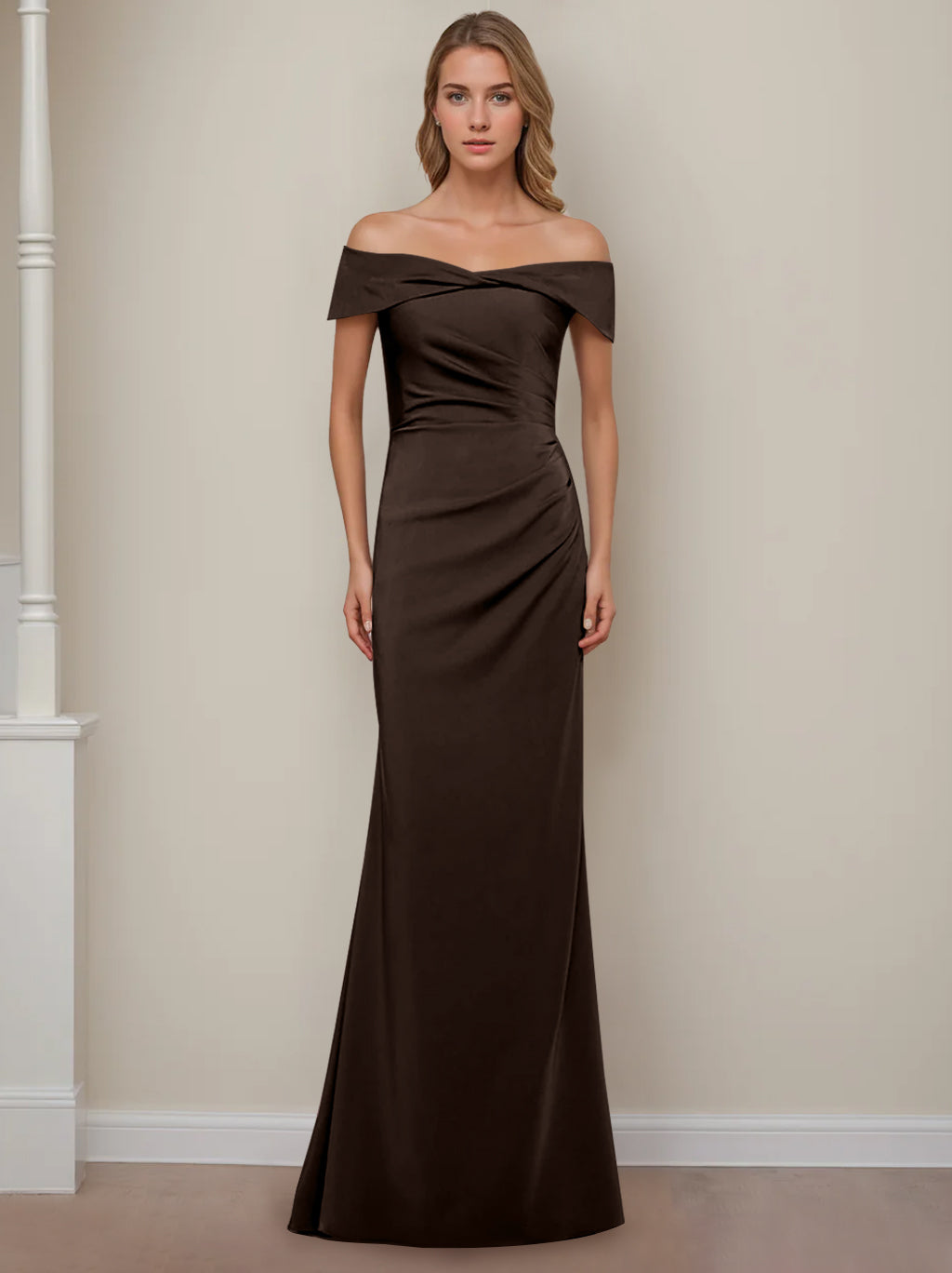 Off the Shoulder Short Sleeve Long Mother of the Bride Dress with Ruffles in Sheath Column Style