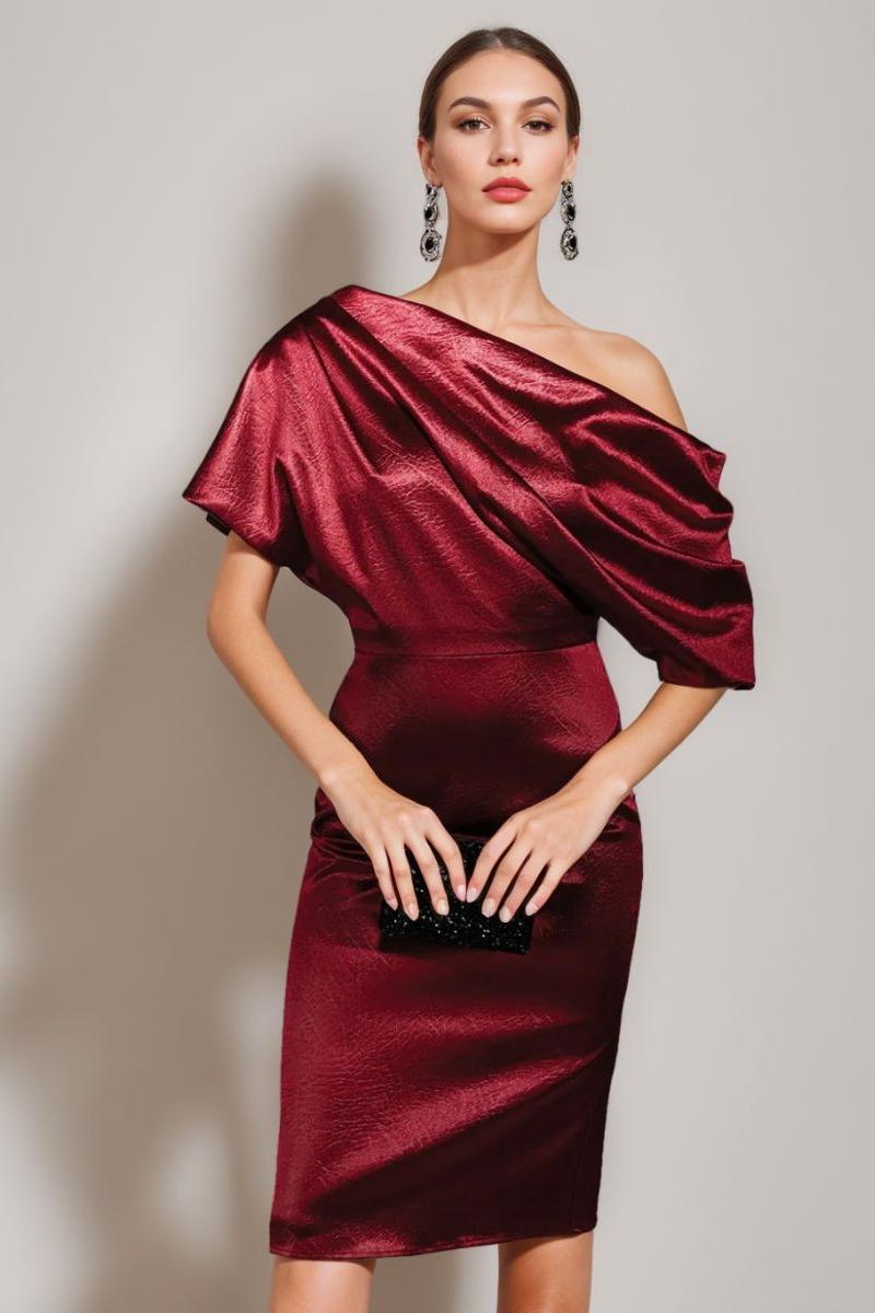 Off the Shoulder Short Sleeve Sheath Cocktail Dress with Ruched Knee Length Column Design