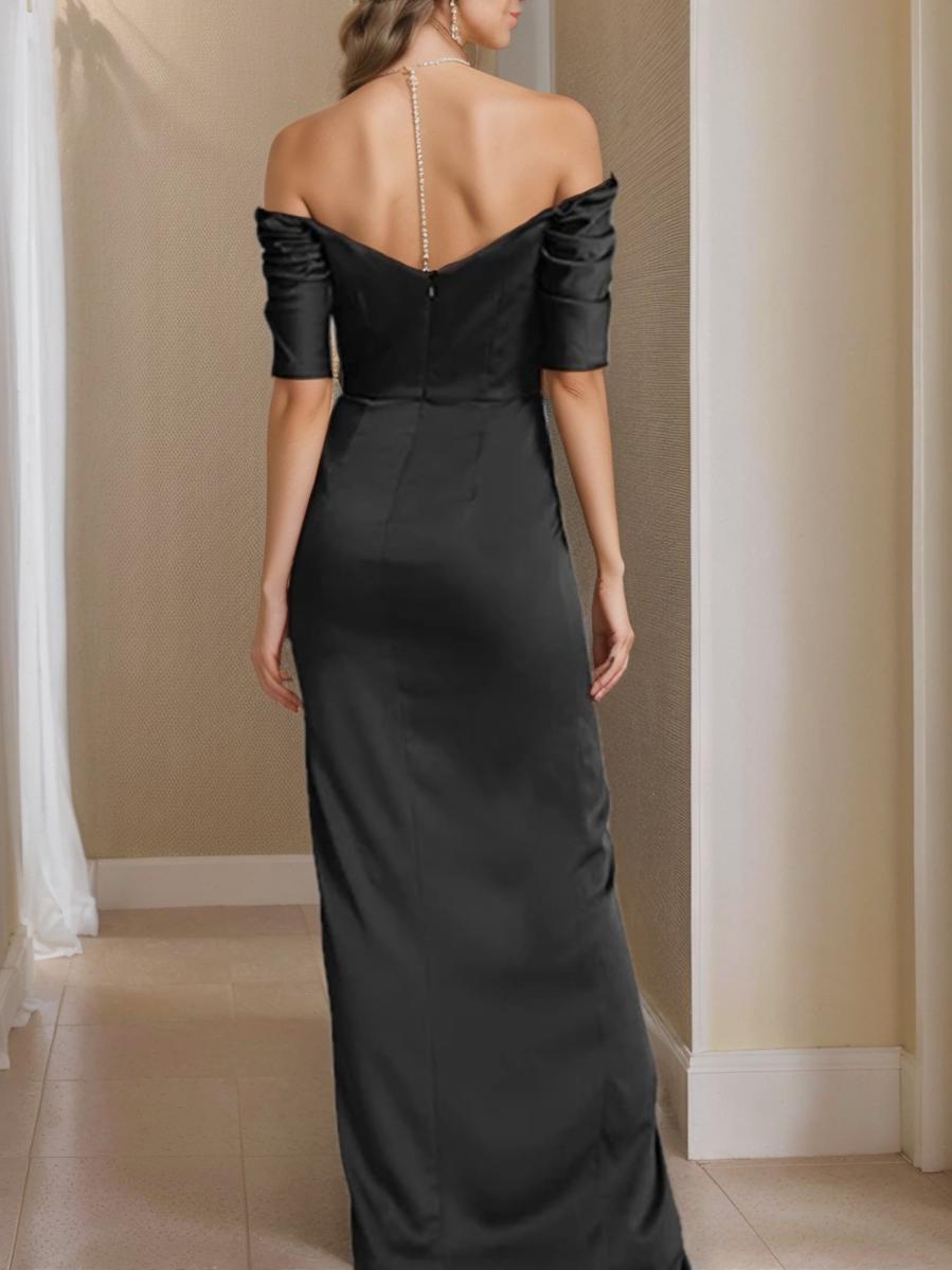 Off the Shoulder Short Sleeve Sheath Column Mother of the Bride Dress With Front Split