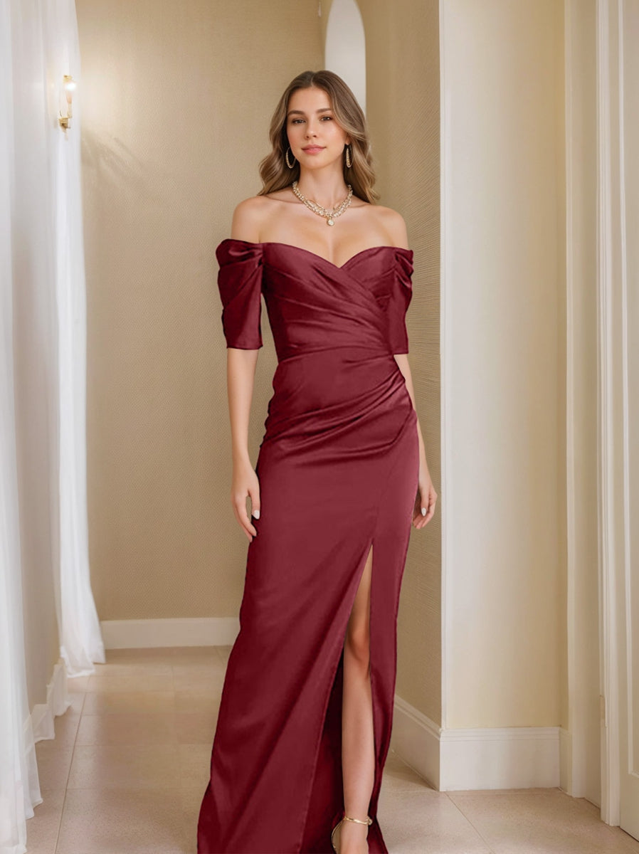 Off the Shoulder Short Sleeve Sheath Column Mother of the Bride Dress With Front Split