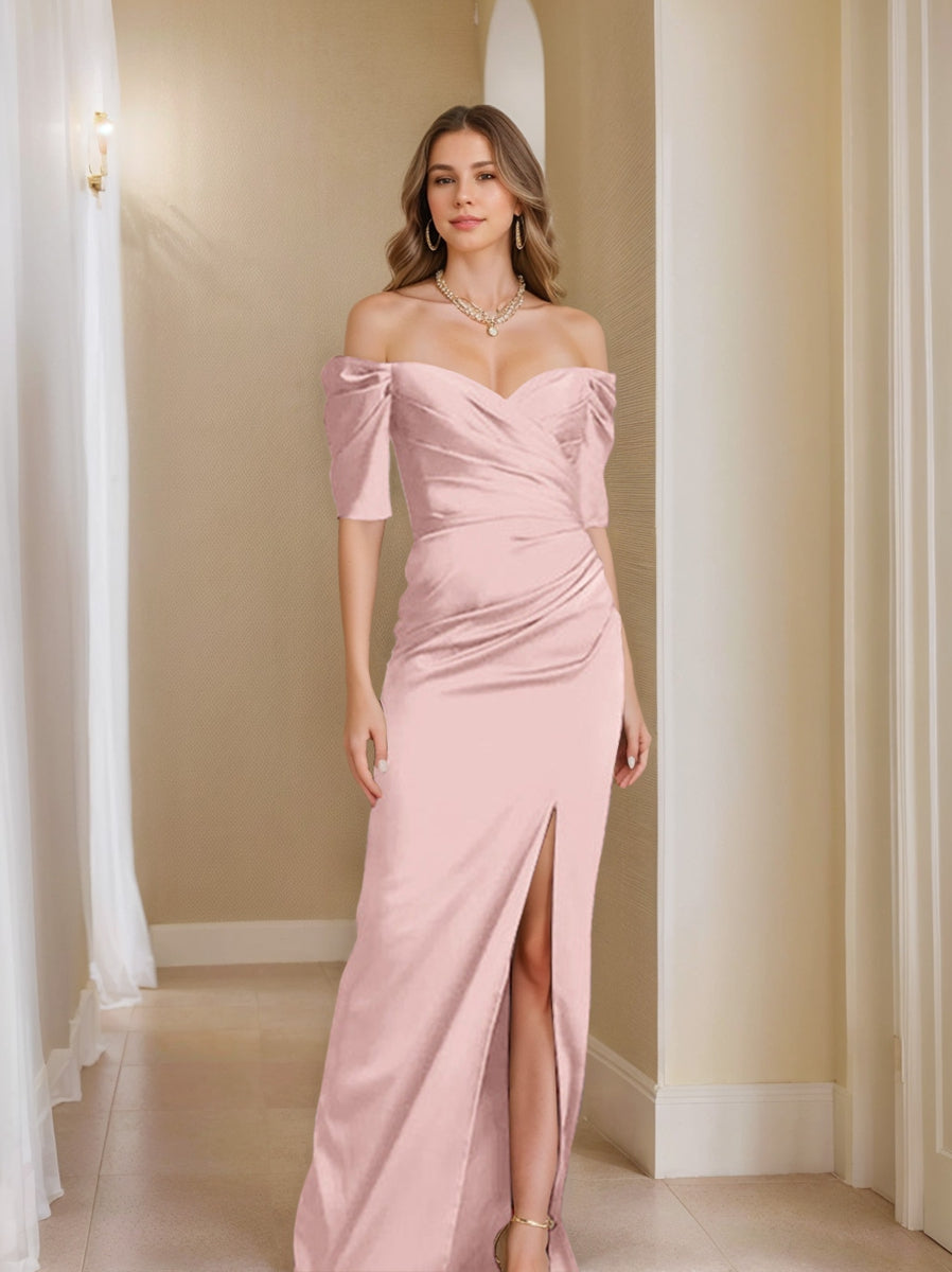 Off the Shoulder Short Sleeve Sheath Column Mother of the Bride Dress With Front Split