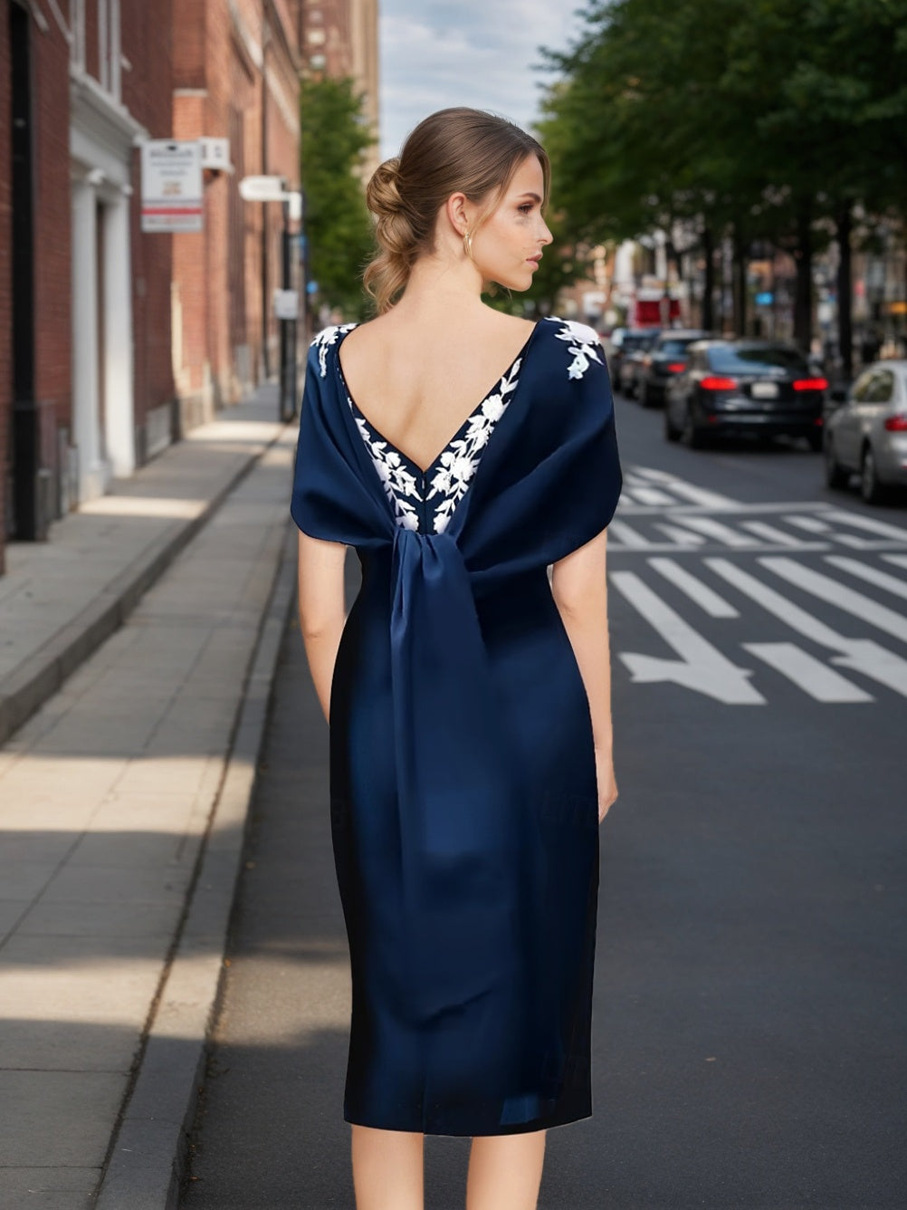 Off the Shoulder Short Sleeve Sheath Column Tea Length Mother of the Bride Dress with Appliques Embroidery Bowknot & Pearls