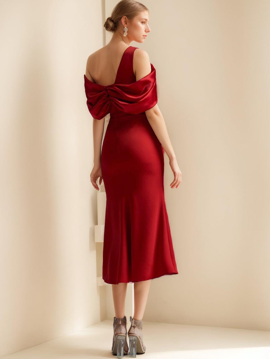 Off the Shoulder Short Sleeve Tea Length Mother of the Bride Sheath Dress