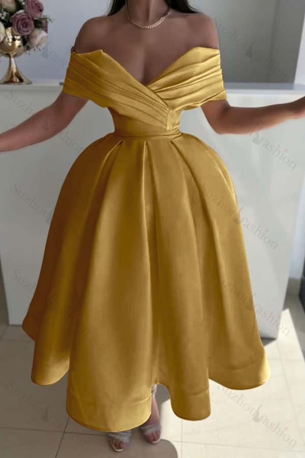 Off the Shoulder Sleeveless A Line Evening Formal Dress With Pleated
