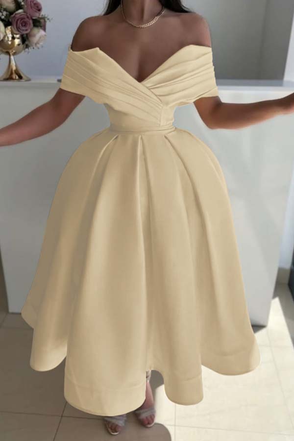 Off the Shoulder Sleeveless A Line Evening Formal Dress With Pleated