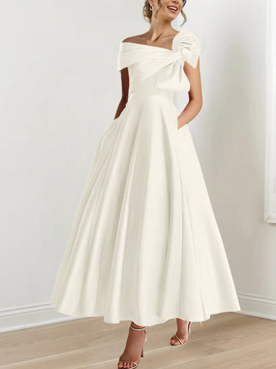 Off the Shoulder Sleeveless A Line Ankle Length Mother of the Bride Dress with Bow(s)