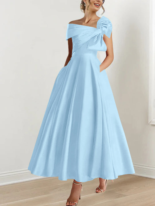 Off the Shoulder Sleeveless A Line Ankle Length Mother of the Bride Dress with Bow(s)
