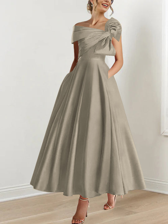 Off the Shoulder Sleeveless A Line Ankle Length Mother of the Bride Dress with Bow(s)