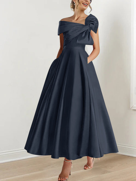 Off the Shoulder Sleeveless A Line Ankle Length Mother of the Bride Dress with Bow(s)